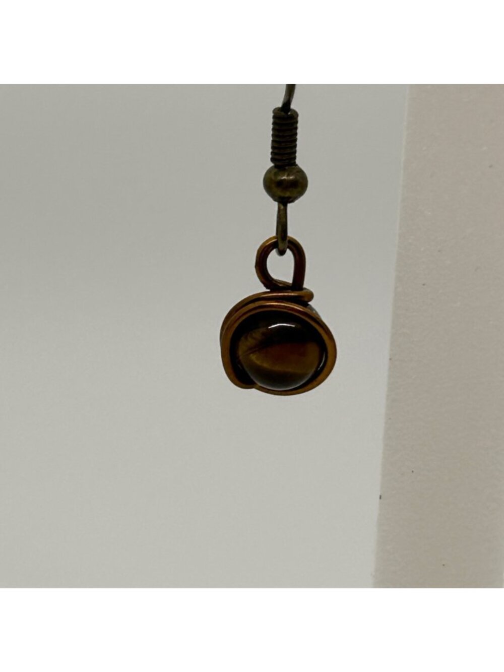 Handmade Tiger Eye Earrings, Bronze Tone Wire-Wrapped Gemstone Bead Dangle Drop - Picture 9 of 10
